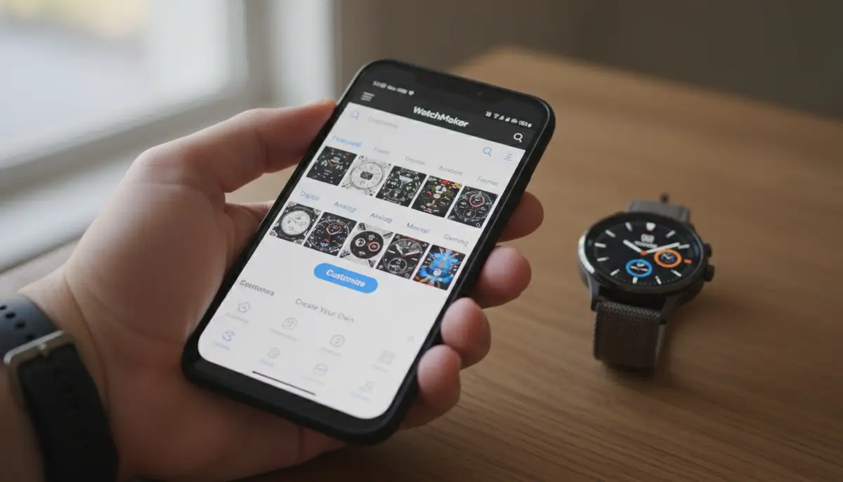 A hand holding a smartphone displaying the WatchMaker app interface, with various watch face categories and customization options, and a smartwatch in the background., high-quality photography, professional lighting, sharp focus, realistic, detailed