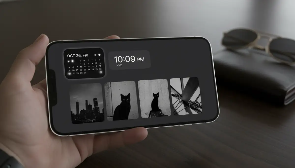 A hand holding a smartphone, showcasing a beautifully arranged collection of black aesthetic widget pictures, including a calendar, clock, and photo gallery, against a dark, sophisticated backdrop., high-quality photography, professional lighting, sharp focus, realistic, detailed