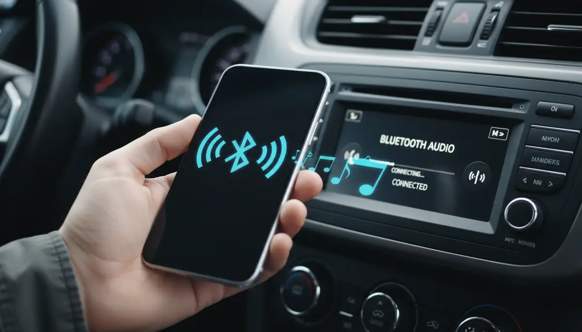 A hand holding a smartphone, with Bluetooth icon illuminated, wirelessly streaming music to a car's audio system, showing simplicity and ease of connection., high-quality photography, professional lighting, sharp focus, realistic, detailed