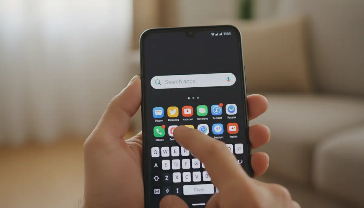 A hand holding an Android phone, actively searching for an app in the app drawer using the search bar, with a magnifying glass icon., high-quality photography, professional lighting, sharp focus, realistic, detailed