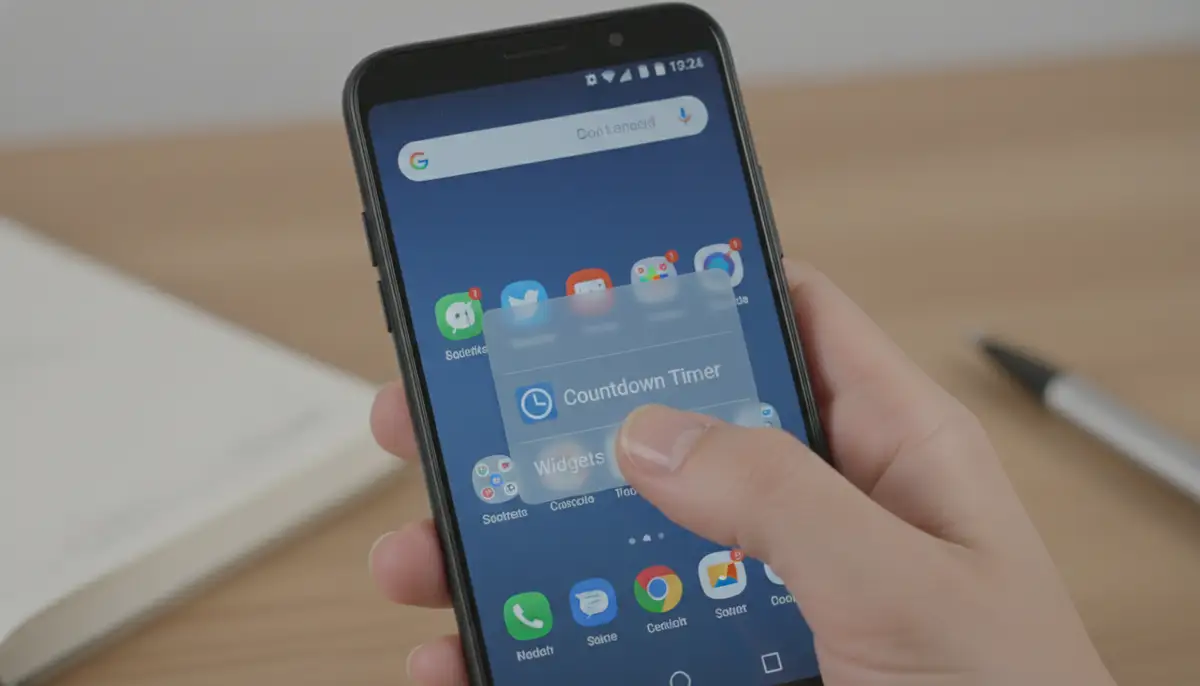 A hand holding an Android phone, demonstrating the process of adding a new countdown widget to the home screen, with app icons blurred in the background., high-quality photography, professional lighting, sharp focus, realistic, detailed