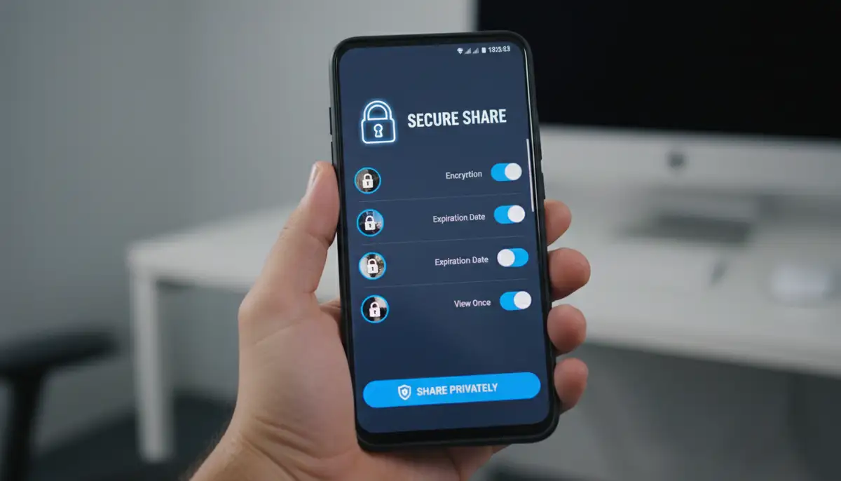 A hand holding an Android phone displaying a secure sharing interface, with padlock icons and privacy settings visible., high-quality photography, professional lighting, sharp focus, realistic, detailed