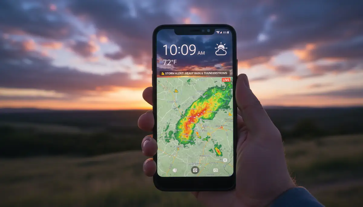 A hand holding an Android phone outdoors, displaying a time and weather widget with a live radar map overlay, indicating real-time weather conditions and storm alerts, with a vibrant sky in the background., high-quality photography, professional lighting, sharp focus, realistic, detailed