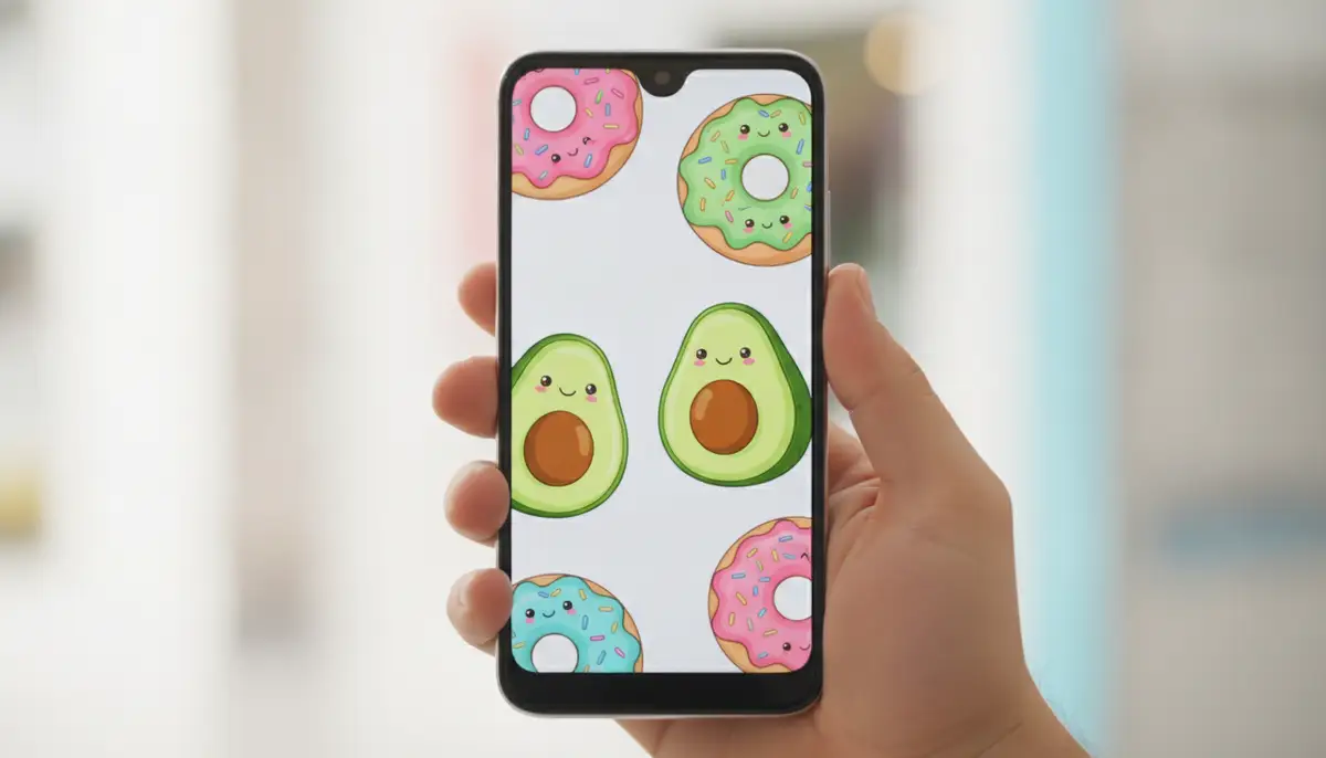 A hand holding an Android phone, showcasing a vibrant, cute food-themed wallpaper, perhaps with smiling avocados or donuts, against a blurred, bright background., high-quality photography, professional lighting, sharp focus, realistic, detailed