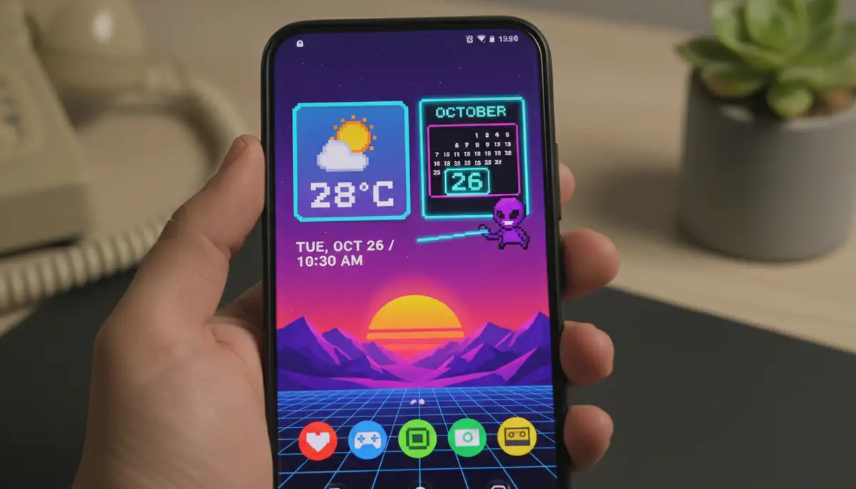 A hand holding an Android phone, showcasing a vibrant, retro-themed home screen with pixel art widgets, a custom calendar, and bright, contrasting colors., high-quality photography, professional lighting, sharp focus, realistic, detailed