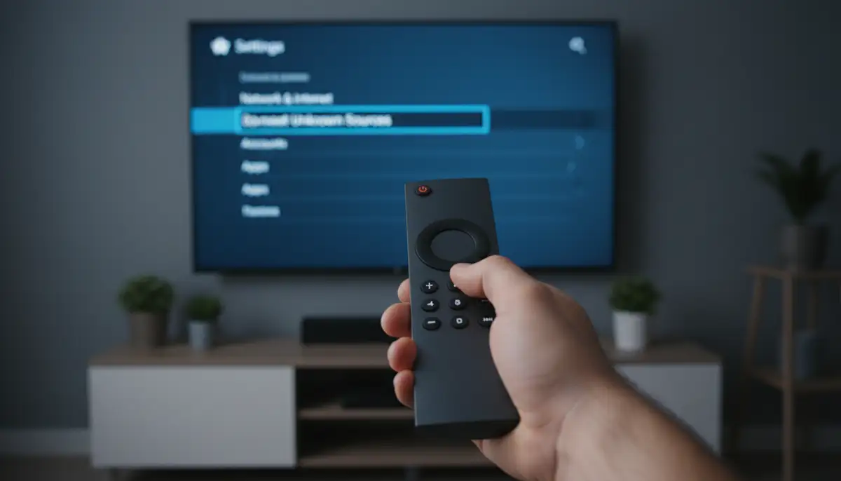 A hand holding an Android TV remote, pointing at a TV screen showing the 'Settings' menu with 'Unknown Sources' highlighted., high-quality photography, professional lighting, sharp focus, realistic, detailed