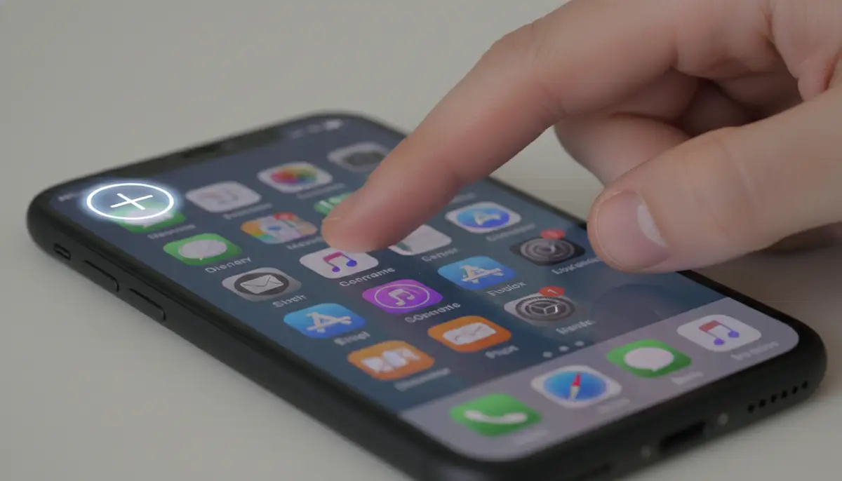 A hand holding an iPhone, demonstrating the long-press action on the home screen to bring up the widget editing interface with the '+' button highlighted., high-quality photography, professional lighting, sharp focus, realistic, detailed