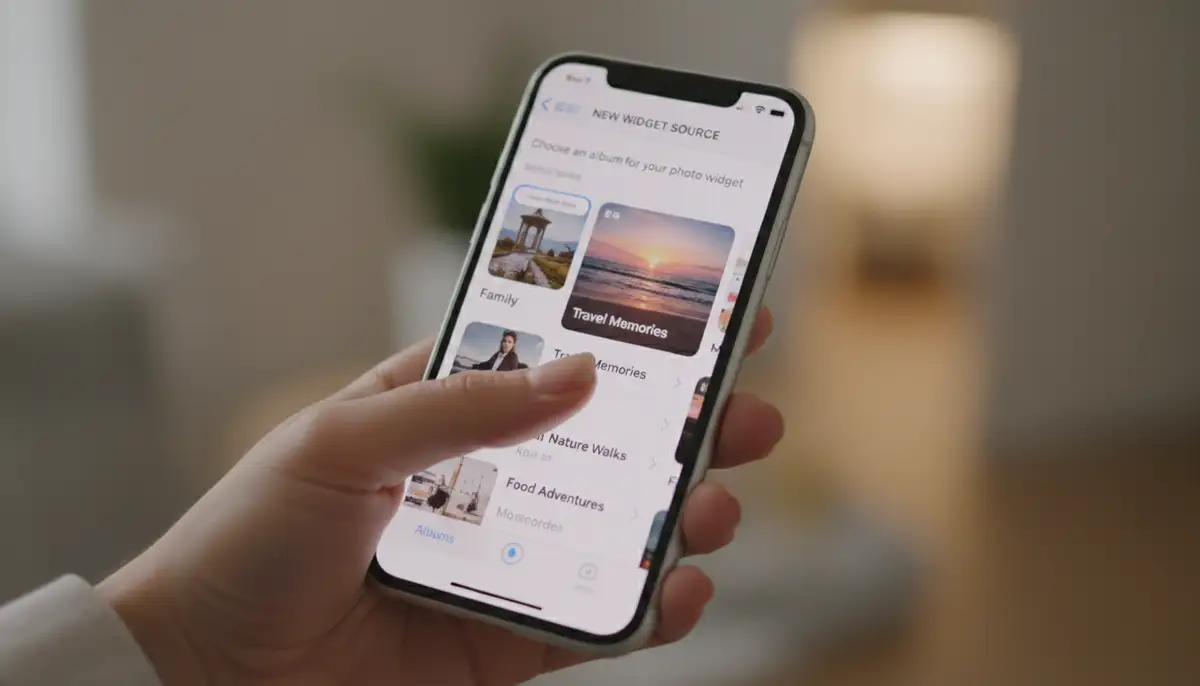 A hand holding an iPhone, navigating through the Photos app to select an album for a new photo widget, with a blurred background., high-quality photography, professional lighting, sharp focus, realistic, detailed