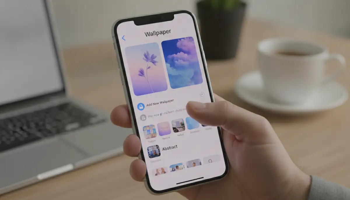 A hand holding an iPhone, navigating through the Settings app, specifically the Wallpaper section, with various options visible on the screen., high-quality photography, professional lighting, sharp focus, realistic, detailed