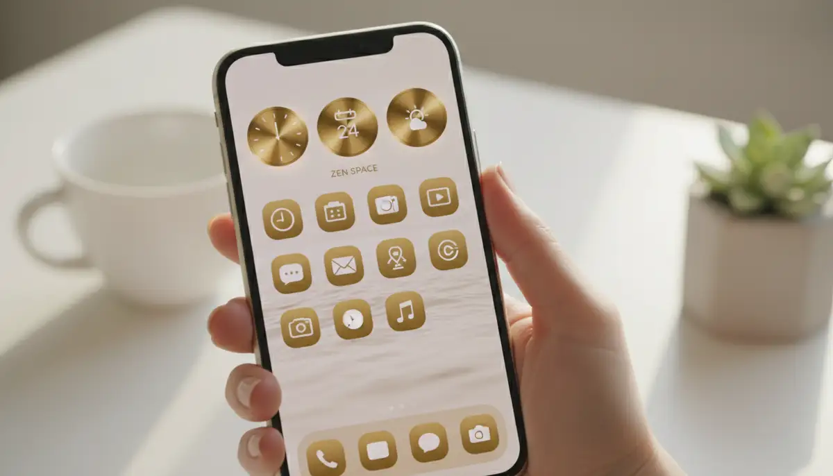 A hand holding an iPhone, showcasing a beautifully customized home screen with brass-toned widgets and icons, a minimalist wallpaper, and a sense of calm organization., high-quality photography, professional lighting, sharp focus, realistic, detailed