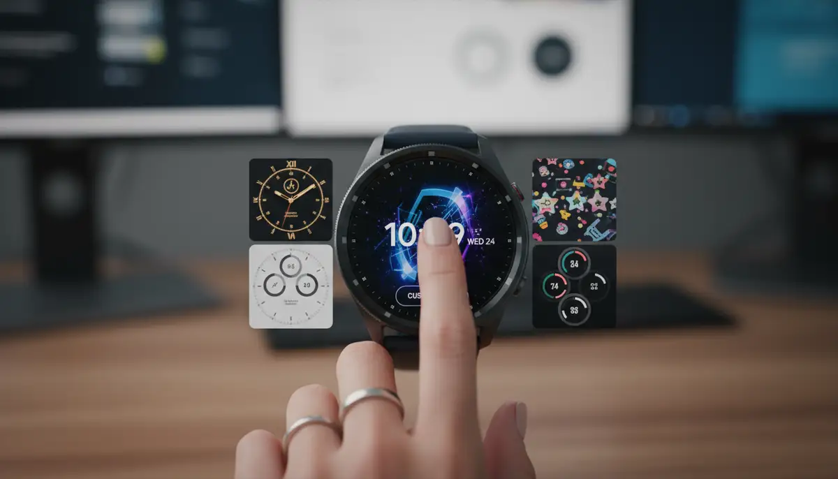 A hand interacting with a Galaxy Watch 8, navigating through a selection of watch faces on the screen, with a focus on the user interface and customization options., high-quality photography, professional lighting, sharp focus, realistic, detailed