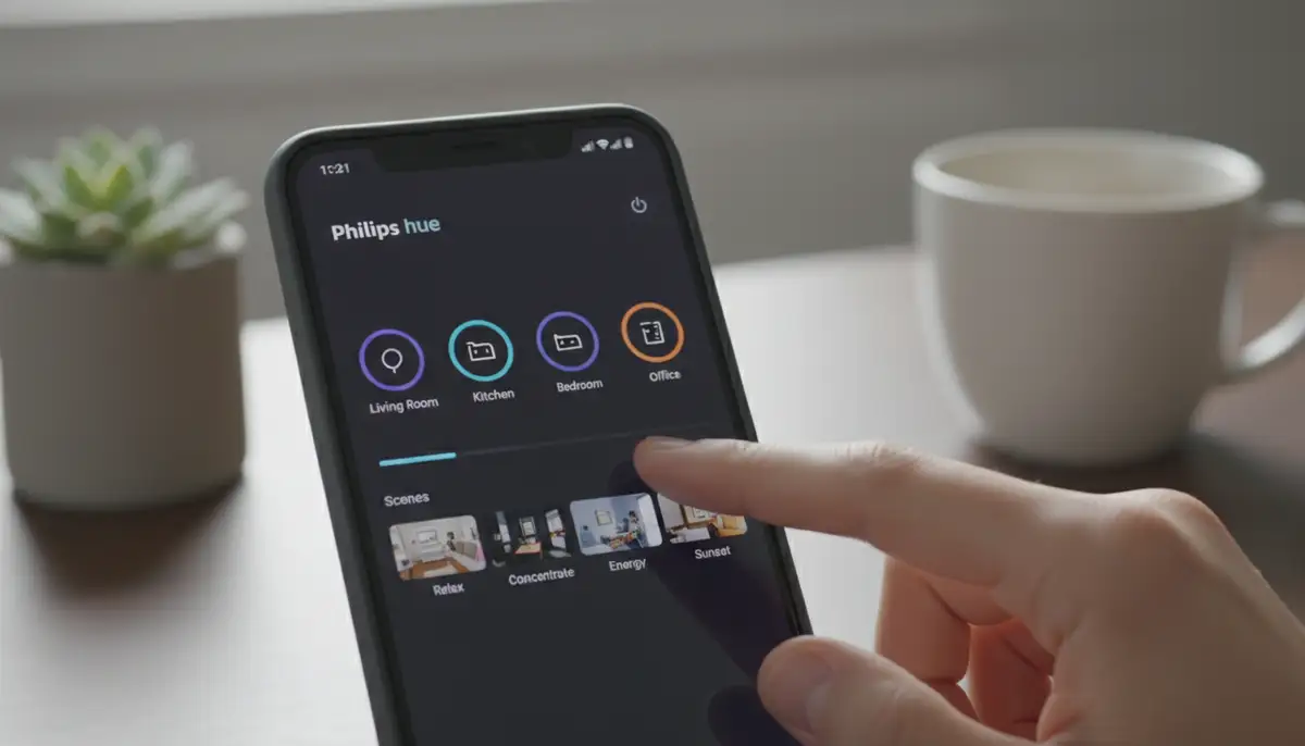 A hand interacting with a Philips Hue widget on an Android phone's home screen, showing various light controls and scene options with a modern, clean interface., high-quality photography, professional lighting, sharp focus, realistic, detailed