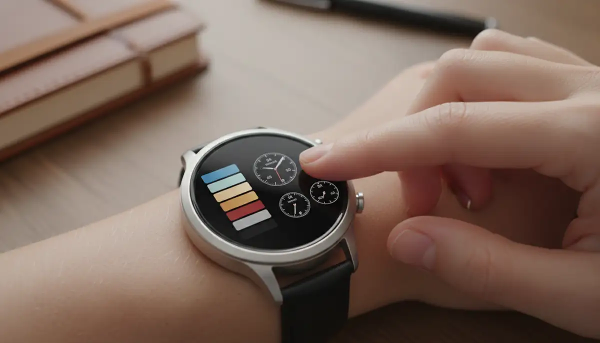 A hand interacting with a smartwatch, customizing an analog watch face on its screen, with various color palettes and dial options visible., high-quality photography, professional lighting, sharp focus, realistic, detailed