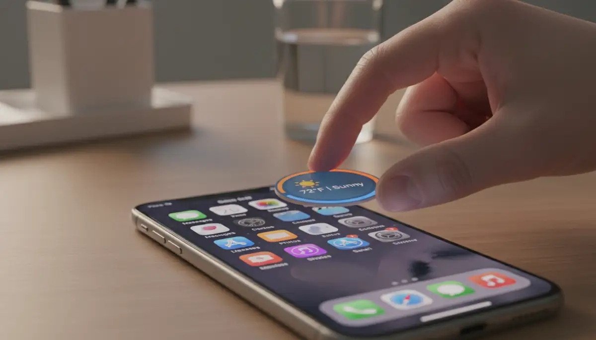 A hand interacting with an iPhone screen, dragging and dropping a widget into place, illustrating the customization process., high-quality photography, professional lighting, sharp focus, realistic, detailed