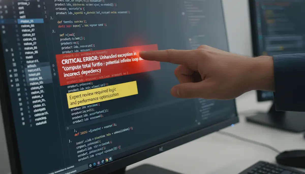 A hand pointing out a critical error on a screen displaying Odoo code, highlighting the need for expert review and quality assurance.