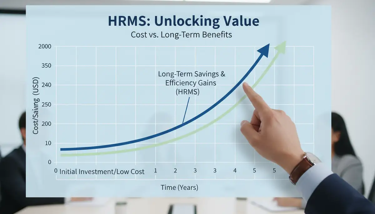 A hand pointing to a growth chart showing long-term savings and efficiency gains from a well-implemented HRMS, contrasting with initial low cost.