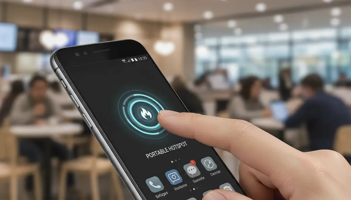 A hand tapping a stylized Wi-Fi hotspot widget on an Android phone home screen, with a blurred background showing a busy cafe or airport., high-quality photography, professional lighting, sharp focus, realistic, detailed