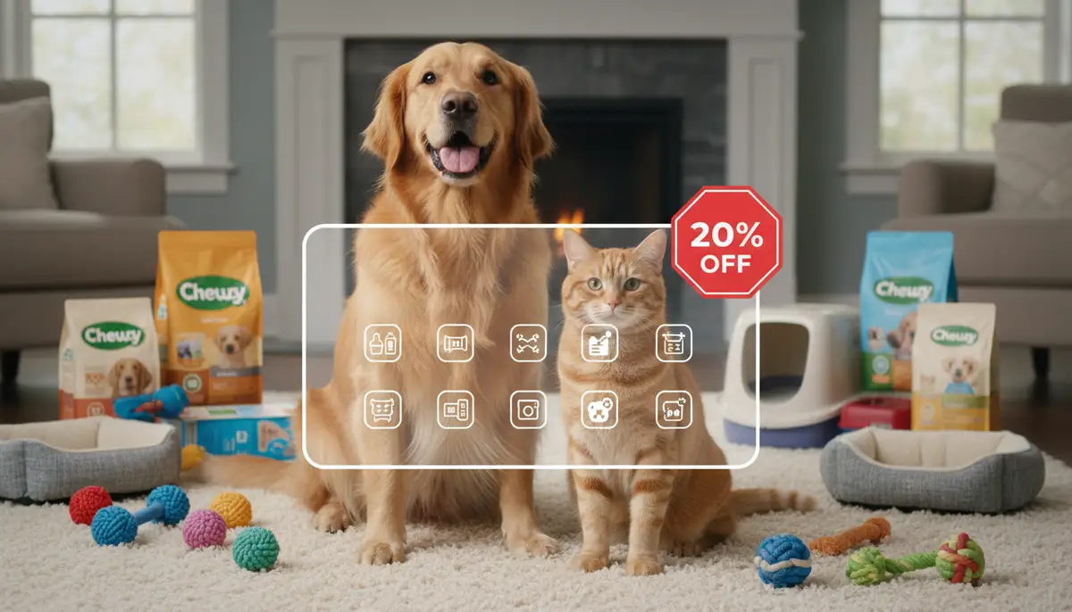 A happy dog and cat sitting together surrounded by various Chewy pet products and a digital shopping cart with a discount tag., high-quality photography, professional lighting, sharp focus, realistic, detailed