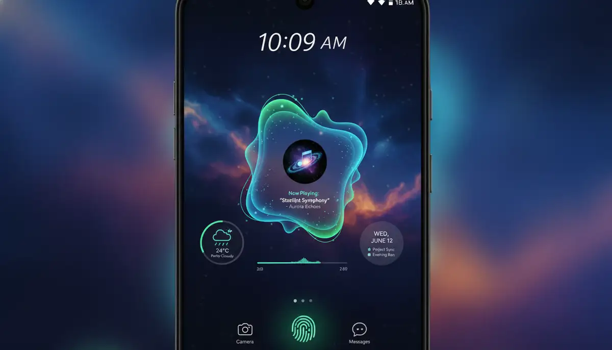 A highly customized Android lock screen featuring a unique Spotify widget design alongside other custom widgets, showcasing creative freedom and personalization., high-quality photography, professional lighting, sharp focus, realistic, detailed