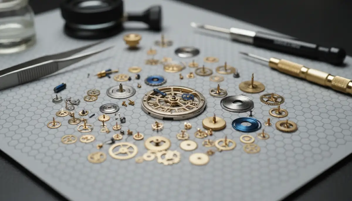 A macro shot of a disassembled mechanical watch movement, gears and springs laid out on a clean mat with specialized tools around., high-quality photography, professional lighting, sharp focus, realistic, detailed