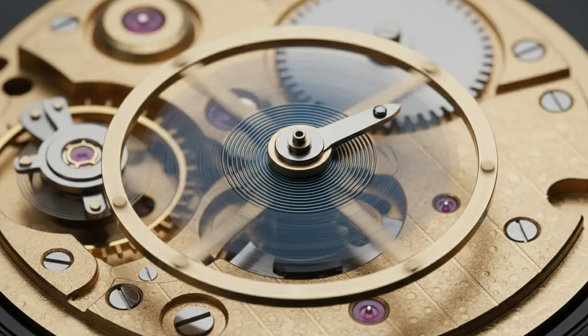 A macro shot of a watch's balance wheel and hairspring, with a regulator arm clearly visible and ready for delicate adjustment., high-quality photography, professional lighting, sharp focus, realistic, detailed