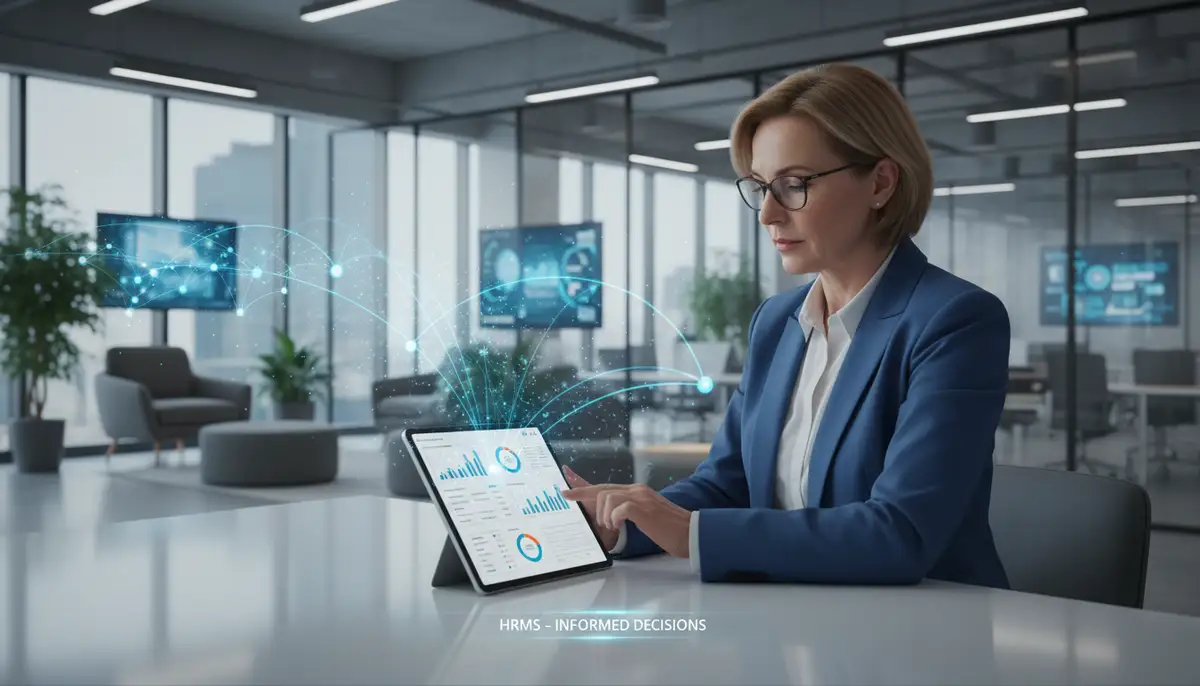 A manager reviewing employee performance data on a tablet, with a background of a modern office, symbolizing informed decision-making enabled by an HRMS.