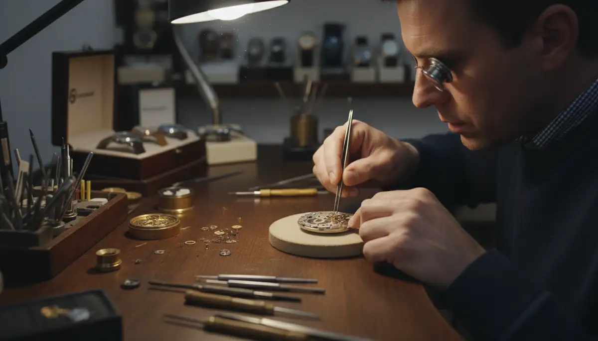 A master watchmaker meticulously assembling the automatic movement of a luxury timepiece, with various tools and tiny components visible on a workbench., high-quality photography, professional lighting, sharp focus, realistic, detailed