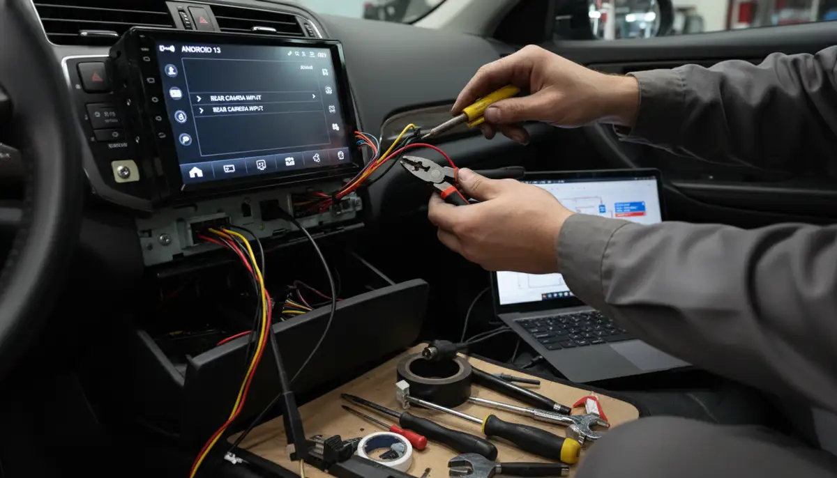 A mechanic or car enthusiast connecting an aftermarket reverse camera to an Android 13 head unit, with wires and tools visible, emphasizing the installation and configuration process., high-quality photography, professional lighting, sharp focus, realistic, detailed