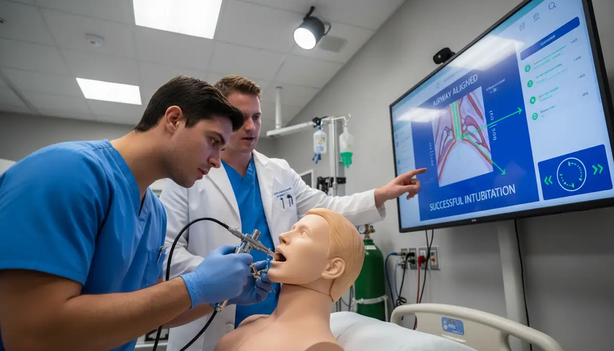 A medical student in a simulation lab practicing intubation on a mannequin, guided by real-time feedback displayed on an airway app on a nearby screen., high-quality photography, professional lighting, sharp focus, realistic, detailed