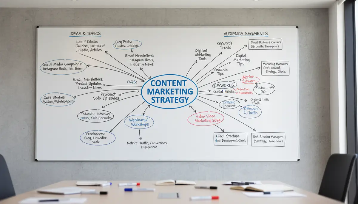 A mind map or whiteboard filled with content marketing ideas, keywords, and audience segments, illustrating a strategic planning session., high-quality photography, professional lighting, sharp focus, realistic, detailed