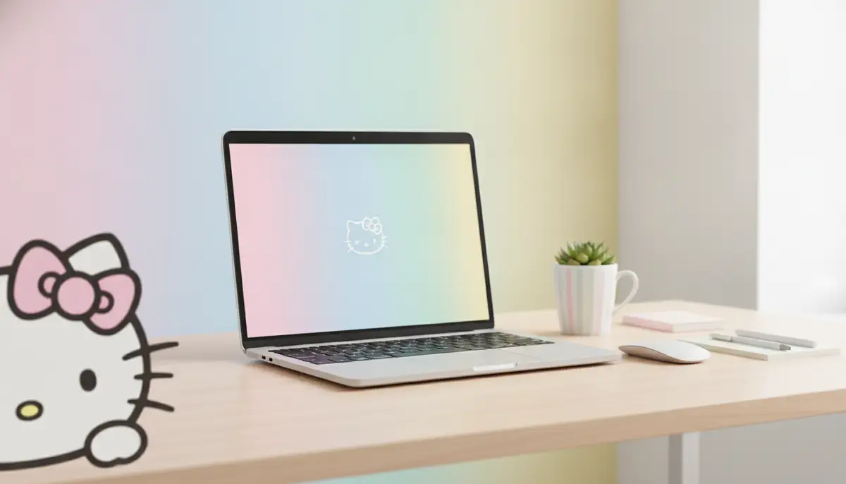 A minimalist, aesthetic Hello Kitty desktop wallpaper in pastel colors, showing Hello Kitty peeking from the corner, set on a clean workspace with a laptop., high-quality photography, professional lighting, sharp focus, realistic, detailed