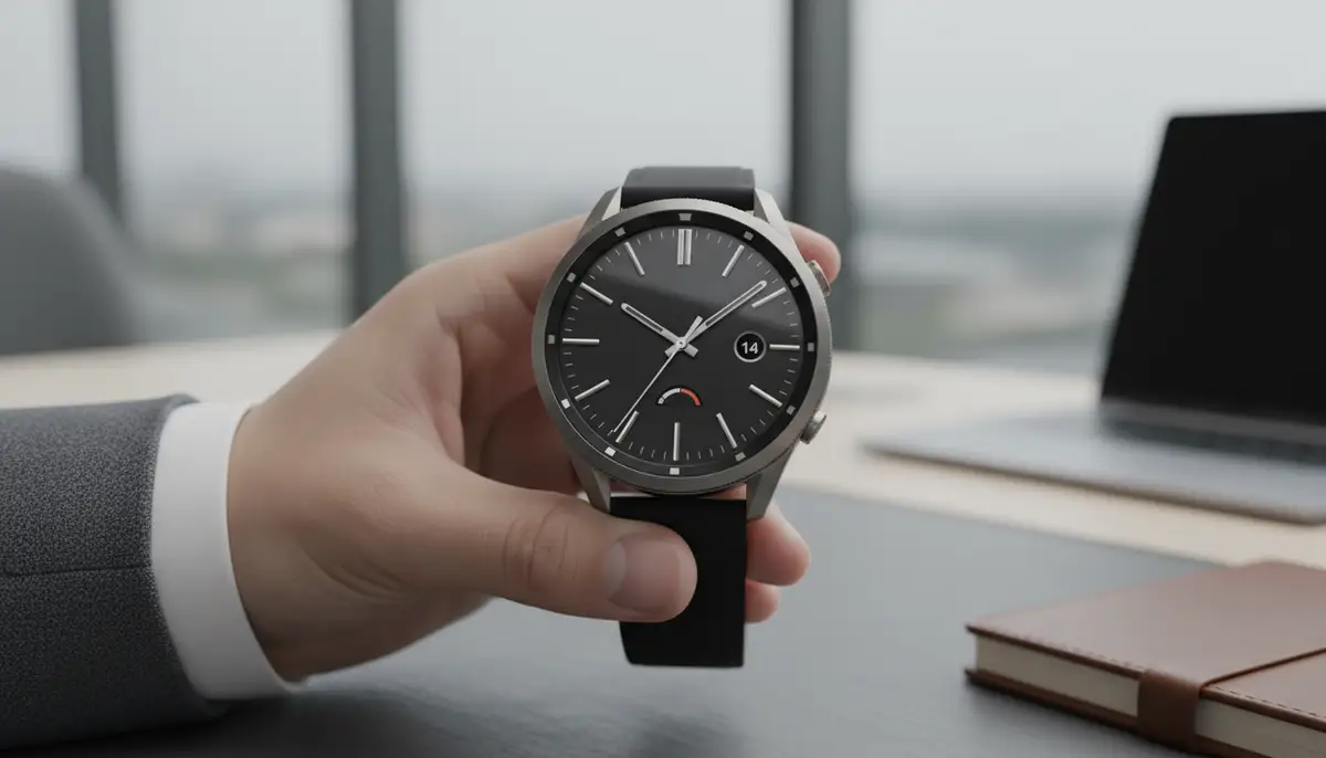A minimalist analog watch face on a Galaxy Watch 5 Pro, with subtle complications for date and battery, held by a hand in a professional setting, clean and sophisticated., high-quality photography, professional lighting, sharp focus, realistic, detailed