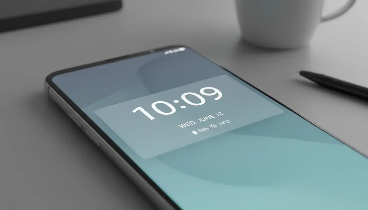 A minimalist Android clock widget displayed prominently on a smartphone screen, emphasizing clean design and efficient battery usage., high-quality photography, professional lighting, sharp focus, realistic, detailed
