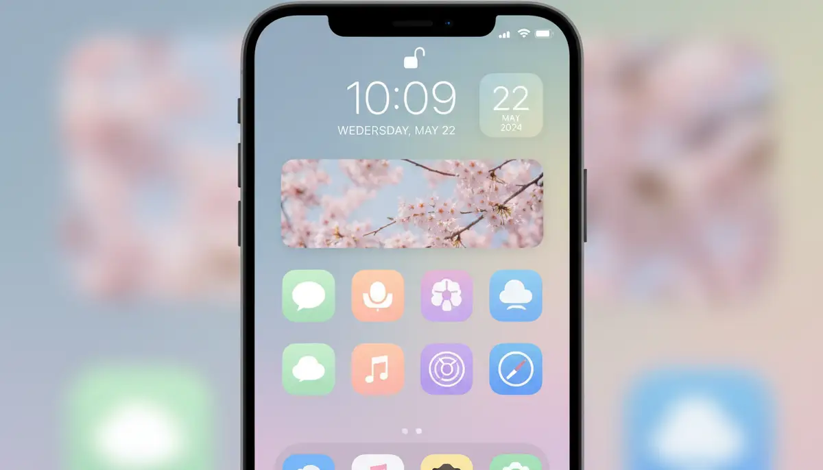 A minimalist iPhone home screen showcasing a clean clock widget, date widget, and a subtle photo widget, all in a cohesive pastel color palette., high-quality photography, professional lighting, sharp focus, realistic, detailed