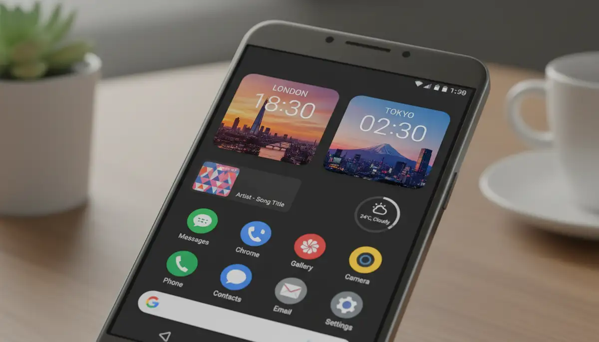 A modern Android phone home screen displaying a sleek dual clock widget with two distinct time zones, one showing a city skyline at sunset and the other a city at sunrise, surrounded by other minimalist widgets., high-quality photography, professional lighting, sharp focus, realistic, detailed