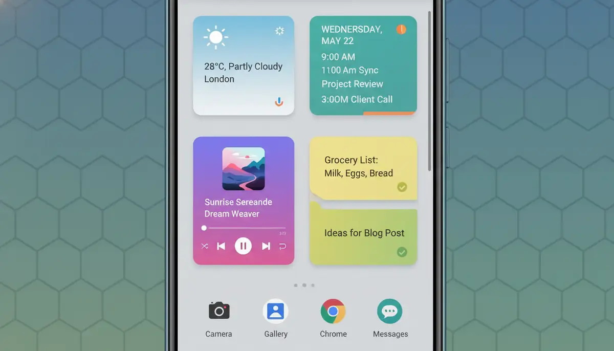 A modern Android smartphone home screen filled with a variety of colorful, functional widgets, showcasing weather, calendar, music player, and quick notes, in a clean, organized layout., high-quality photography, professional lighting, sharp focus, realistic, detailed