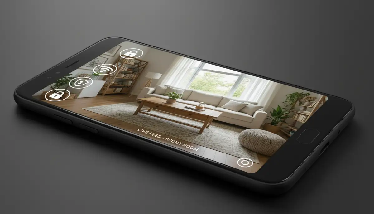 A modern Android smartphone running the Alfred Camera app, showing a live feed of a living room, with a subtle overlay of security icons., high-quality photography, professional lighting, sharp focus, realistic, detailed