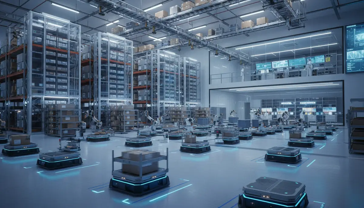 A modern, automated warehouse with robots moving inventory, showcasing efficiency and technology.