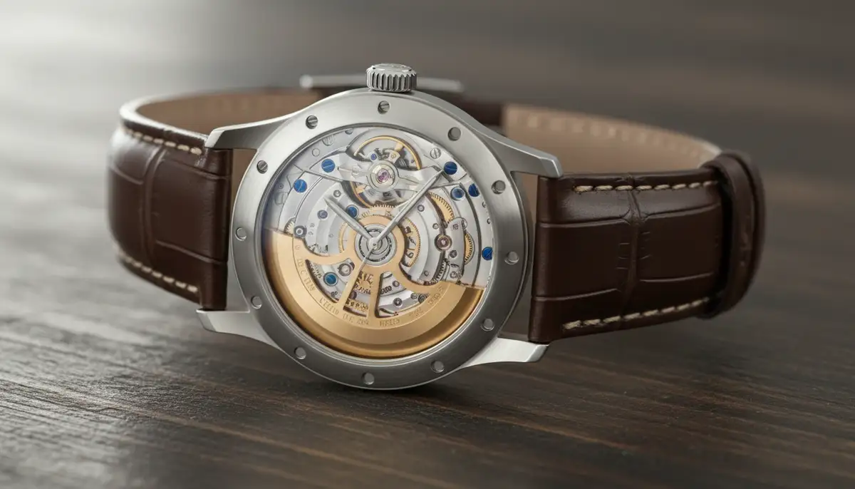A modern automatic watch with a transparent case back, displaying its complex internal mechanics, resting on a leather strap., high-quality photography, professional lighting, sharp focus, realistic, detailed