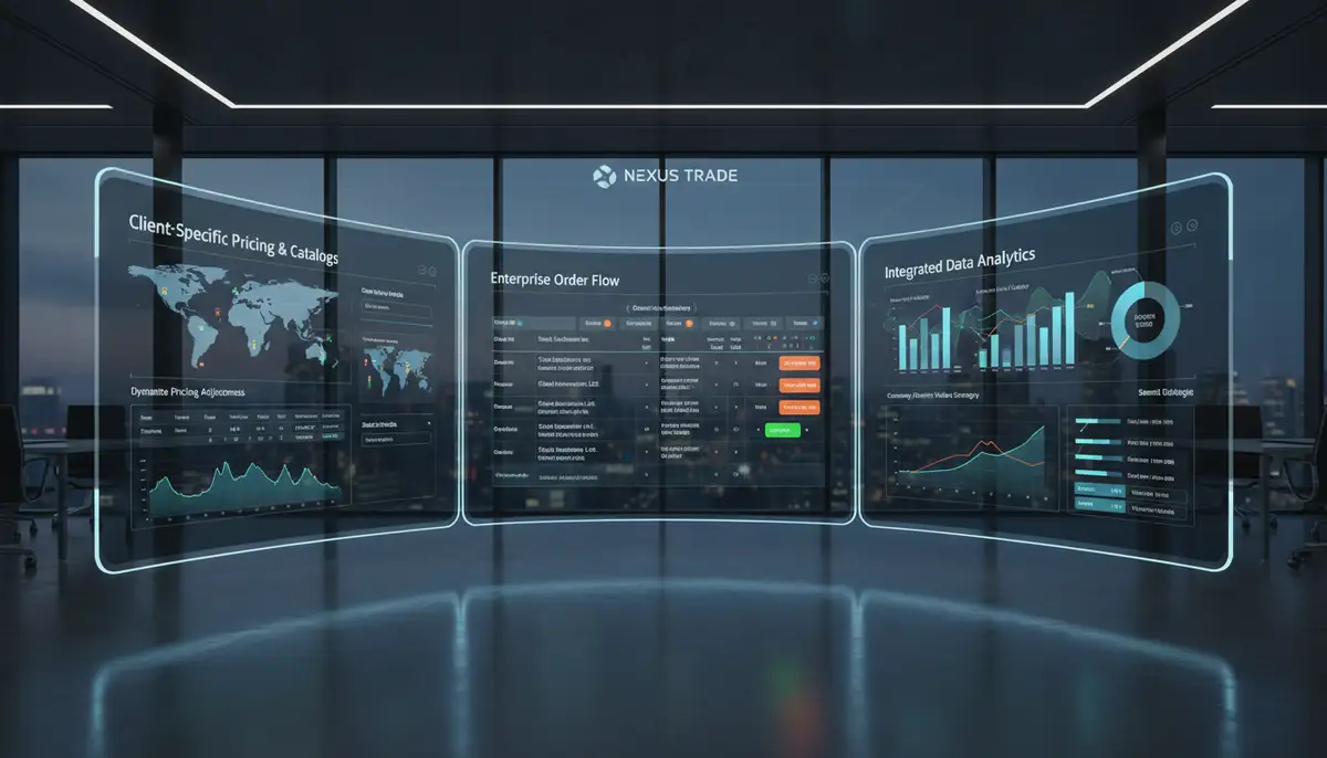 A modern B2B ecommerce dashboard showing complex order management and customer-specific pricing, with data analytics overlays.