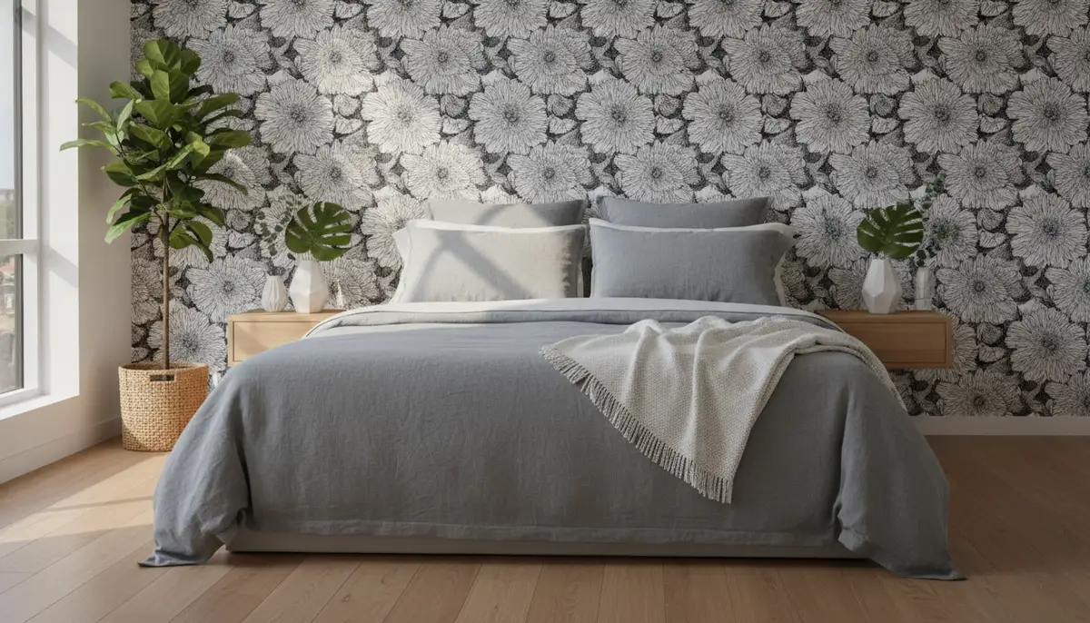 A modern bedroom with a floral black and white wallpaper behind the bed, complemented by soft grey linens and a touch of greenery, early morning light., high-quality photography, professional lighting, sharp focus, realistic, detailed