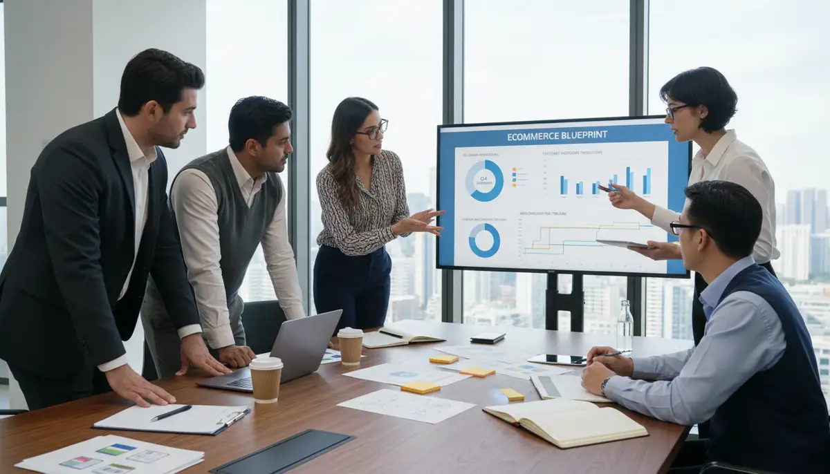 A modern business team collaborating with an Odoo consultant, reviewing strategic plans for a new ecommerce storefront implementation, with diagrams and charts visible.