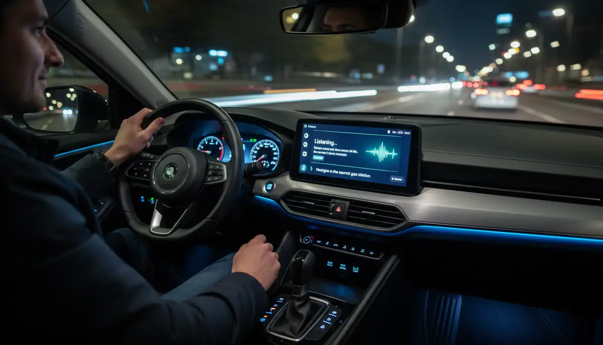 A modern car dashboard at night, with a driver interacting with Android Auto's voice commands, emphasizing safety and hands-free operation., high-quality photography, professional lighting, sharp focus, realistic, detailed