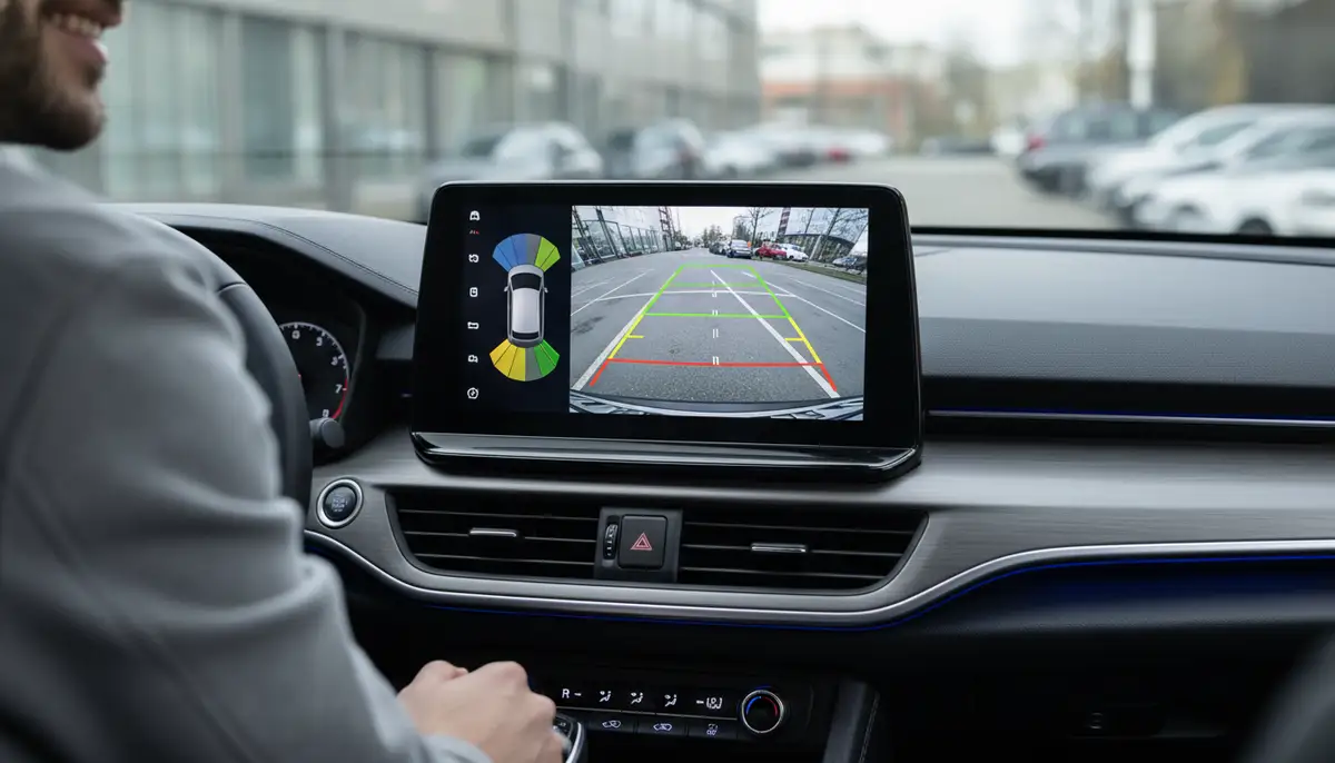 A modern car dashboard displaying Android 13 reverse camera view with clear gridlines and bright image, showing a driver confidently backing up., high-quality photography, professional lighting, sharp focus, realistic, detailed