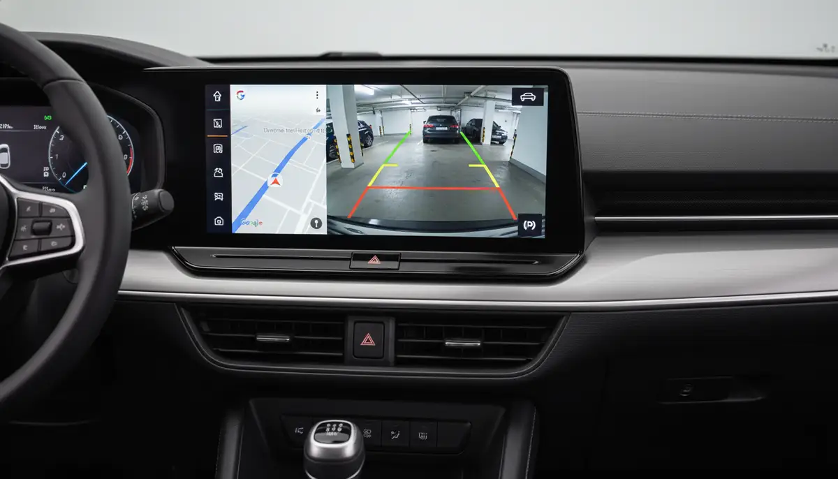 A modern car dashboard displaying Android Auto interface with a reverse camera feed clearly visible, showing parking lines and obstacles., high-quality photography, professional lighting, sharp focus, realistic, detailed