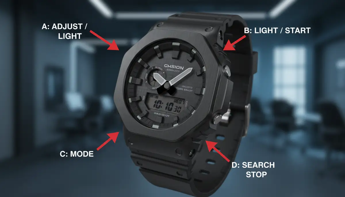 A modern Casio G-Shock watch displaying both analog hands and a digital readout, with an overlay of instructions pointing to different buttons., high-quality photography, professional lighting, sharp focus, realistic, detailed