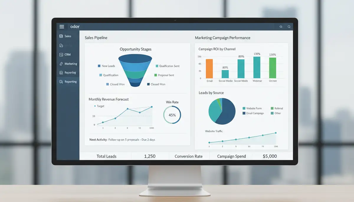 A modern, clean Odoo CRM dashboard showing sales pipeline and marketing campaign performance metrics, with charts and graphs.