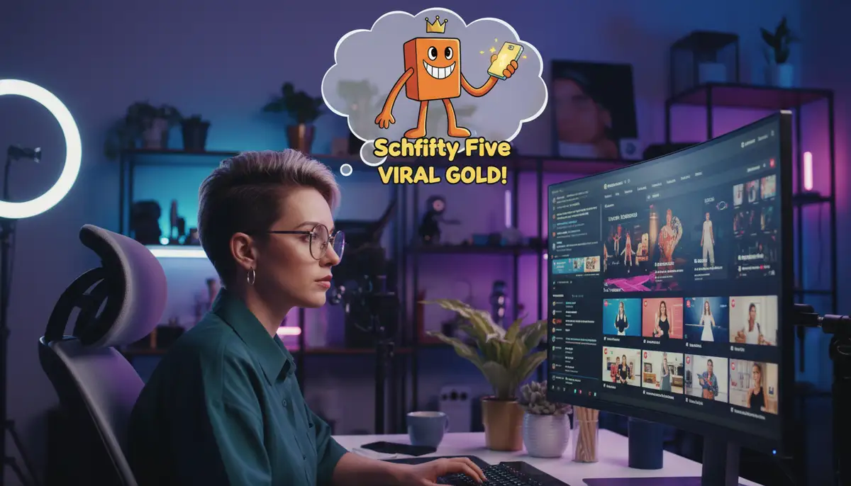 A modern content creator looking at a screen displaying viral trends, with a thought bubble containing the 'Schfifty Five' character, illustrating its relevance to contemporary virality., high-quality photography, professional lighting, sharp focus, realistic, detailed