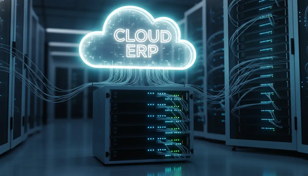 A modern data center server rack with glowing lights, symbolizing on-premise infrastructure, contrasted with a cloud icon representing cloud ERP services above.