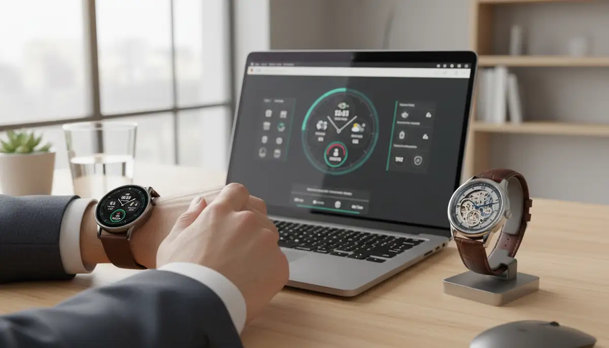 A modern desk setup featuring a person customizing a digital watch face on a smartwatch, with a classic Swiss mechanical watch resting elegantly beside their laptop., high-quality photography, professional lighting, sharp focus, realistic, detailed